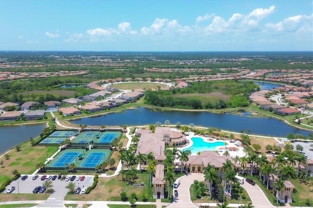 bird's eye view with a water view