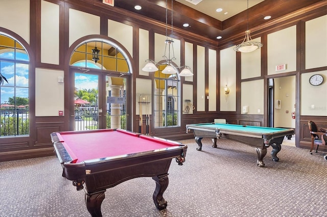 playroom with billiards, a decorative wall, carpet, and a wainscoted wall