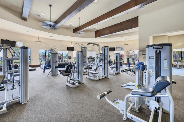 exercise room with visible vents and a ceiling fan