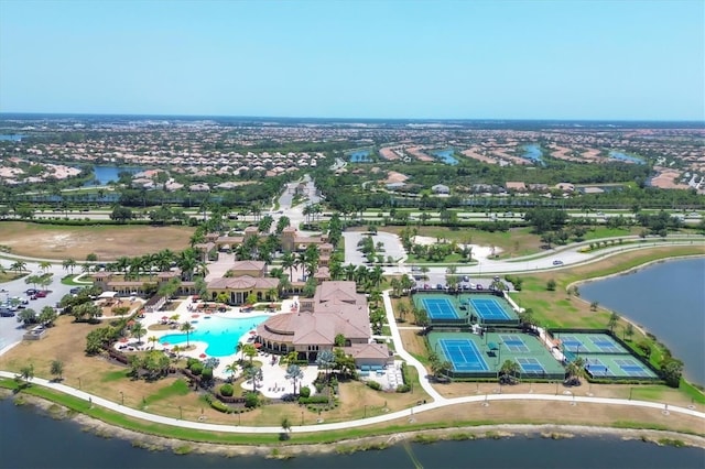 drone / aerial view featuring a water view