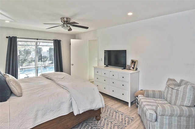 bedroom featuring recessed lighting, light wood-type flooring, a ceiling fan, and access to outside