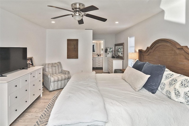 bedroom with visible vents, connected bathroom, recessed lighting, light wood-style flooring, and a ceiling fan