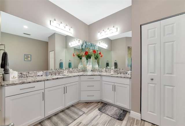 full bathroom featuring visible vents, a sink, wood finished floors, a closet, and double vanity