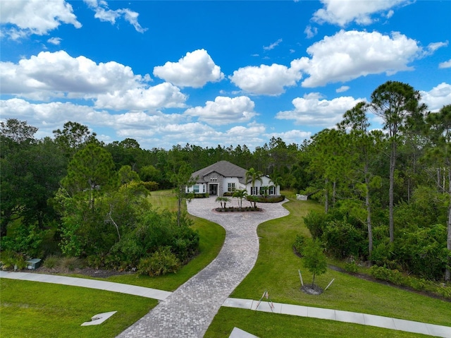 view of property's community featuring a forest view, decorative driveway, and a yard