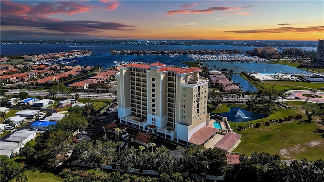 aerial view featuring a water view