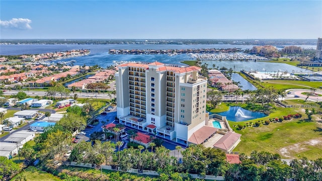 aerial view featuring a water view