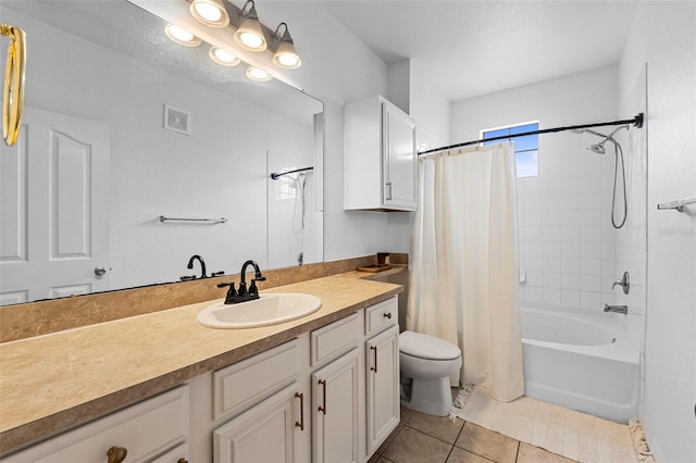 bathroom with visible vents, toilet, shower / bath combo, tile patterned floors, and vanity