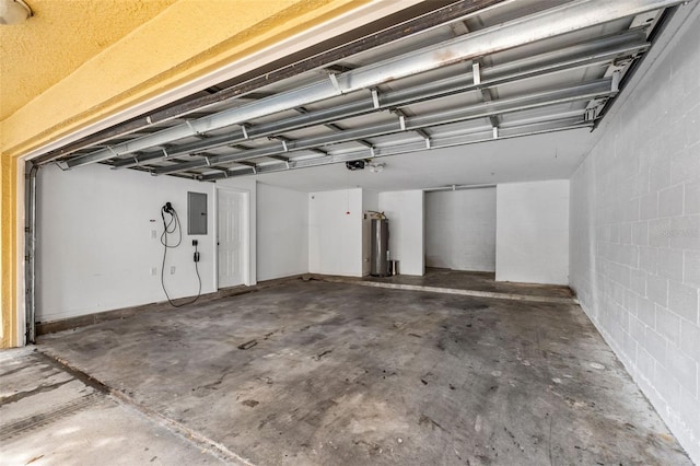 garage featuring electric panel, water heater, and a garage door opener