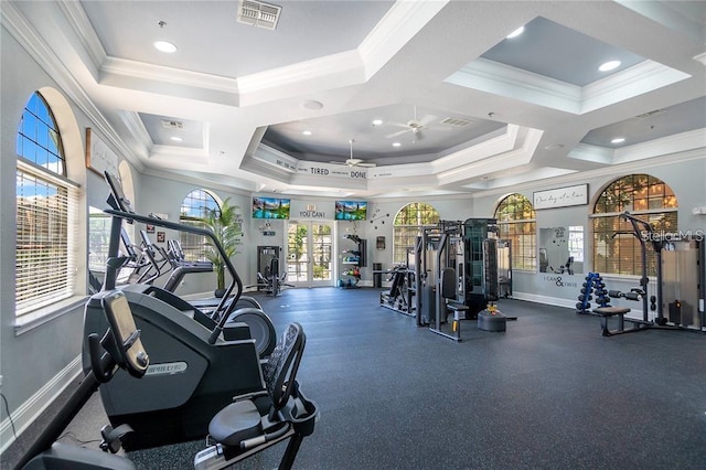 workout area with visible vents, baseboards, ornamental molding, and french doors