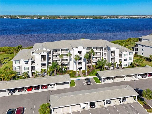 bird's eye view with a water view