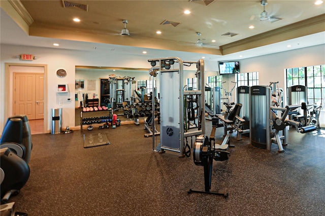 workout area with ceiling fan, a tray ceiling, visible vents, and ornamental molding