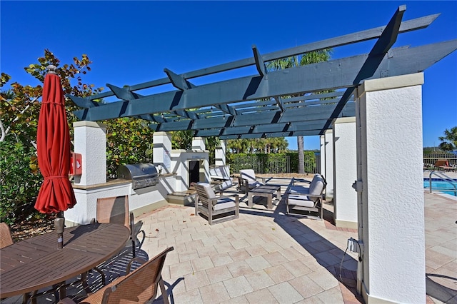 view of patio with area for grilling, a pergola, a community pool, and fence