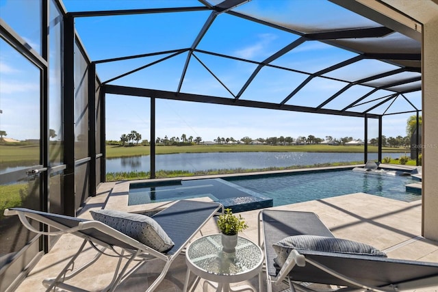 exterior space with an outdoor pool, a water view, and a lanai