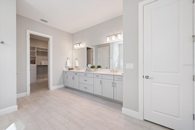 bathroom featuring a walk in closet, visible vents, a sink, double vanity, and baseboards