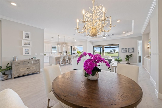 dining area with recessed lighting, baseboards, and ornamental molding