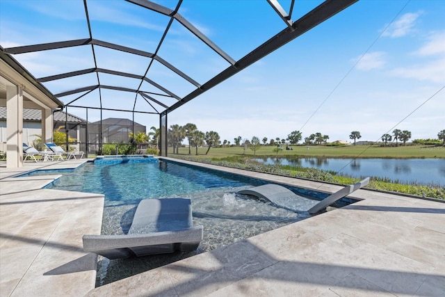 pool with a lanai, a patio, and a water view