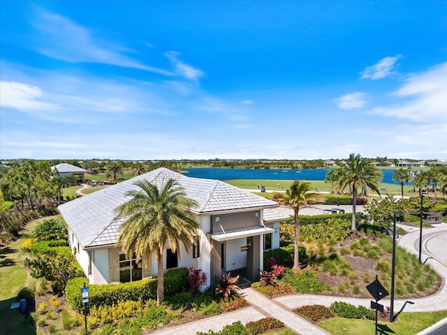 aerial view featuring a water view