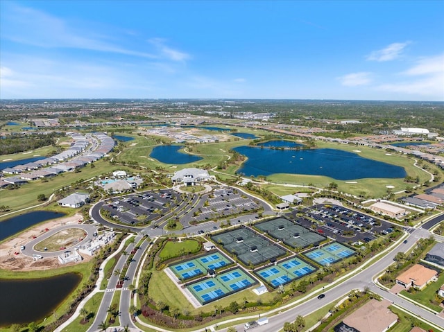 birds eye view of property featuring a water view