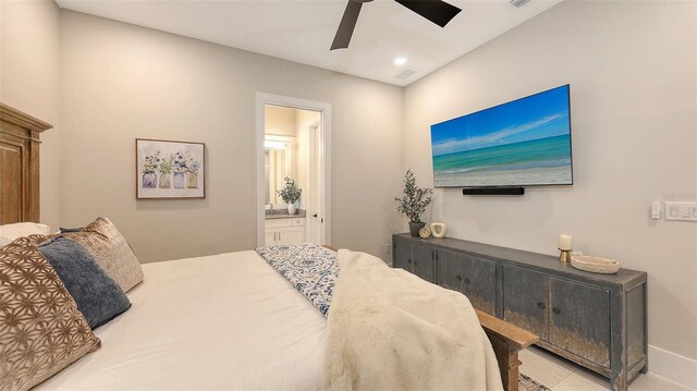 bedroom featuring recessed lighting, visible vents, connected bathroom, and ceiling fan