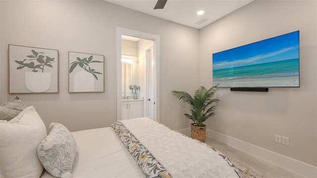 bedroom with baseboards, visible vents, ensuite bath, recessed lighting, and ceiling fan