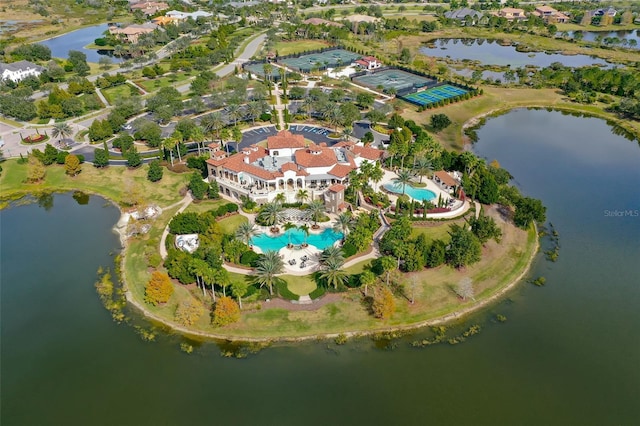 aerial view featuring a water view