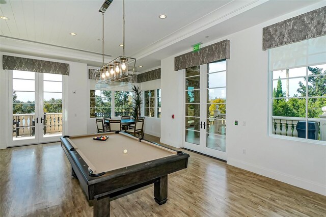 recreation room featuring pool table, baseboards, recessed lighting, french doors, and wood finished floors