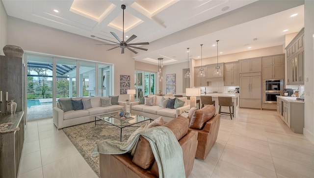 8348 Catamaran Cir, Lakewood Ranch, FL 34202 - living room featuring light tile patterned floors, recessed lighting, a ceiling fan, and plenty of natural light