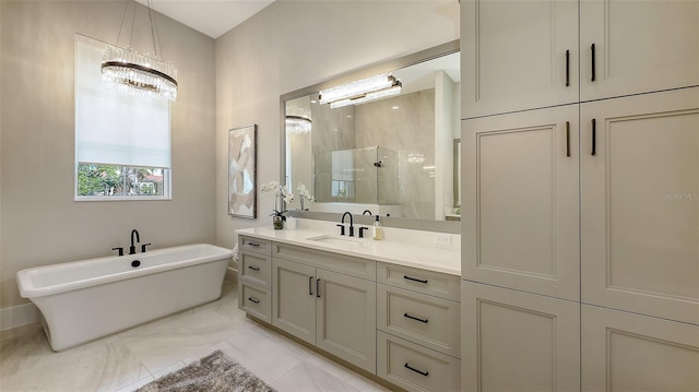 8348 Catamaran Cir, Lakewood Ranch, FL 34202 - bathroom with a stall shower, vanity, a freestanding bath, and an inviting chandelier