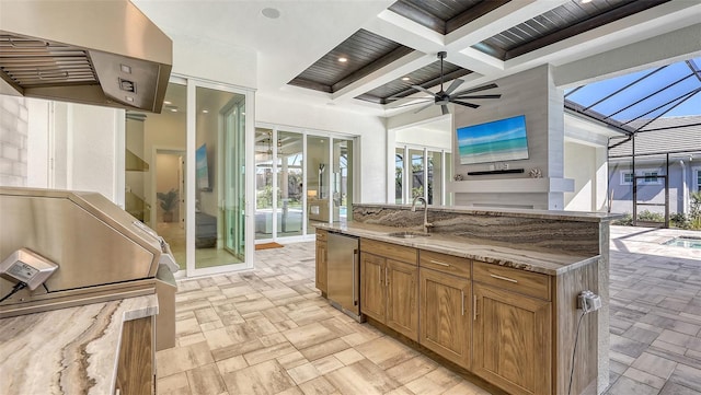 8348 Catamaran Cir, Lakewood Ranch, FL 34202 - view of patio featuring a sink, area for grilling, glass enclosure, a ceiling fan, and an outdoor kitchen