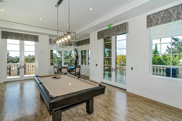 8348 Catamaran Cir, Lakewood Ranch, FL 34202 - recreation room featuring pool table, french doors, recessed lighting, baseboards, and wood finished floors