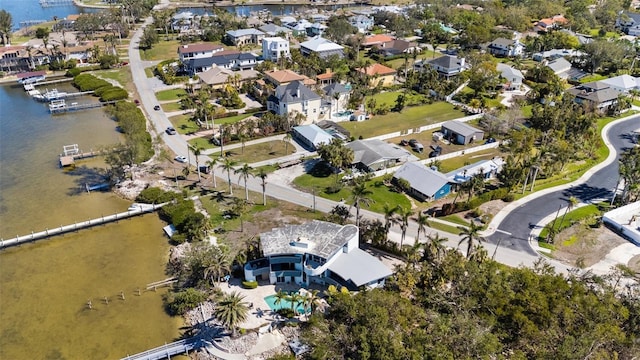 birds eye view of property featuring a water view and a residential view