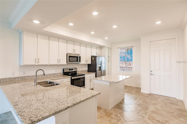 kitchen featuring ornamental molding, appliances with stainless steel finishes, and a sink