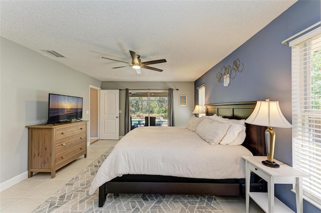 1127 133rd St E, Bradenton, FL 34212 - bedroom featuring baseboards, access to outside, a textured ceiling, visible vents, and a ceiling fan