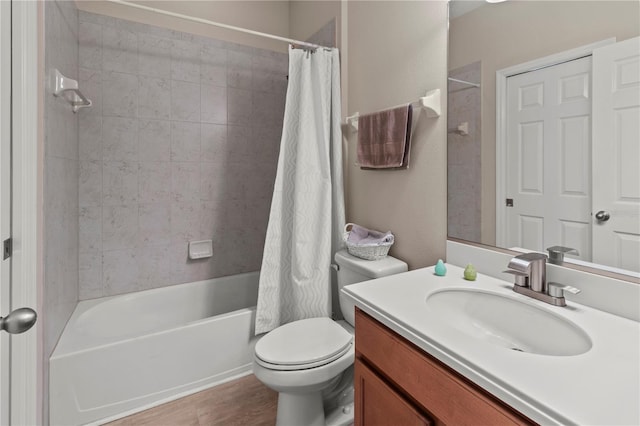 full bath with vanity, wood finished floors, toilet, and shower / bathtub combination with curtain