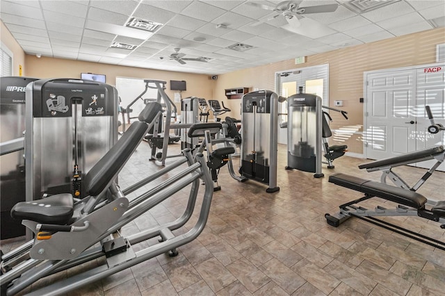 exercise room with visible vents, a drop ceiling, and ceiling fan