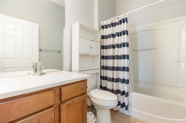 bathroom featuring tile patterned flooring, toilet, vanity, and shower / bath combo with shower curtain