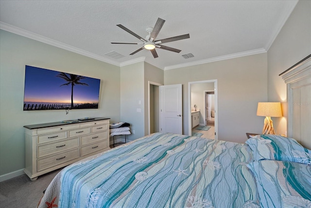 bedroom featuring visible vents, ornamental molding, ensuite bathroom, carpet floors, and baseboards