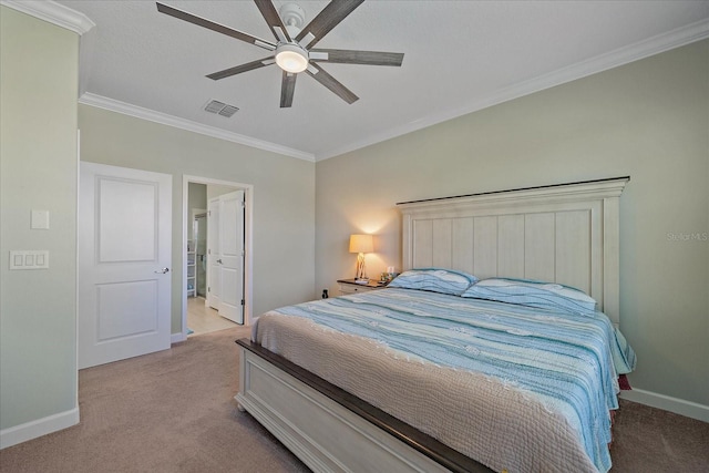 bedroom featuring light carpet, visible vents, and crown molding