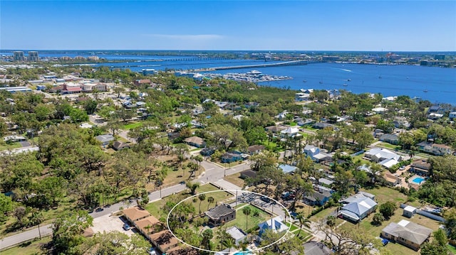 birds eye view of property featuring a water view