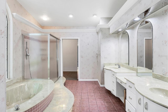 full bath with a sink, a stall shower, tile patterned flooring, and wallpapered walls