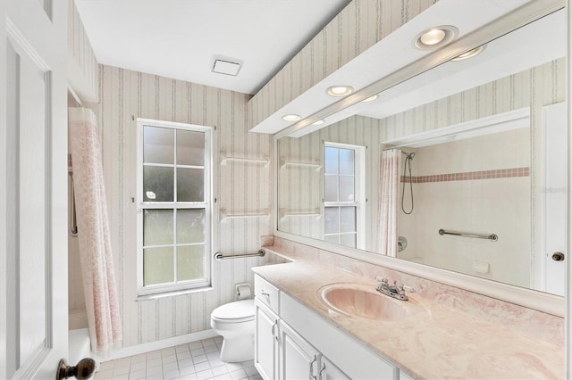 full bathroom with tile patterned flooring, toilet, wallpapered walls, and shower / tub combo with curtain