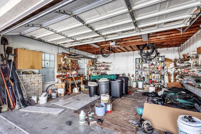 garage featuring a workshop area and a garage door opener