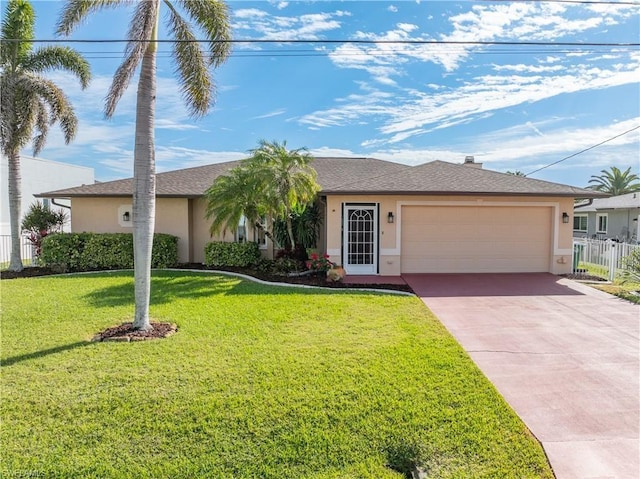 ranch-style home featuring a front yard, fence, stucco siding, concrete driveway, and a garage