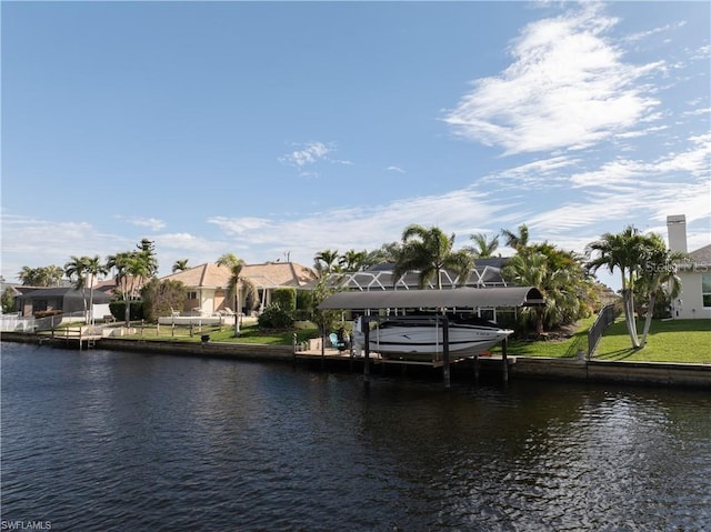 view of dock with a water view and boat lift