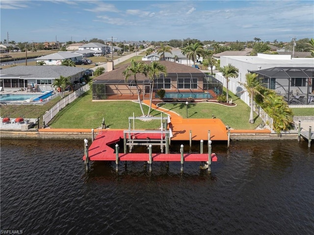 view of dock featuring a residential view, boat lift, an outdoor pool, a water view, and glass enclosure