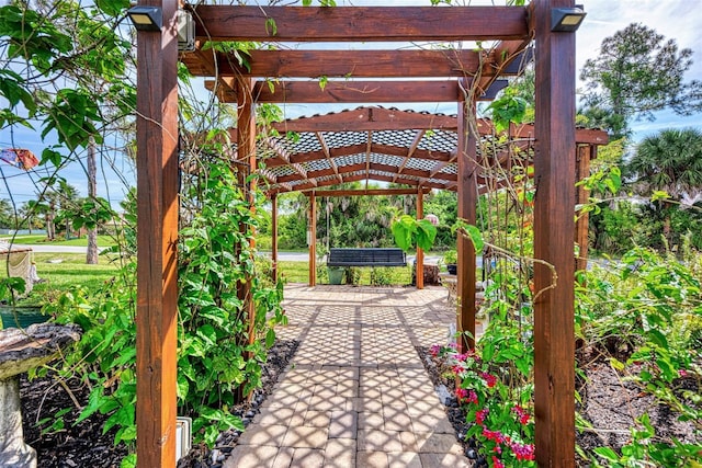 view of community featuring a patio and a pergola