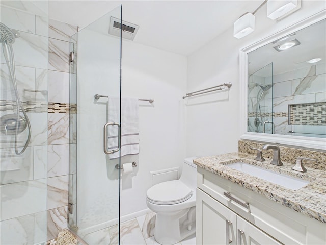bathroom with visible vents, marble finish floor, and a shower stall