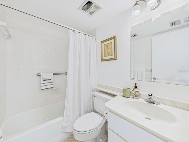 full bathroom with vanity, shower / tub combo, toilet, and visible vents