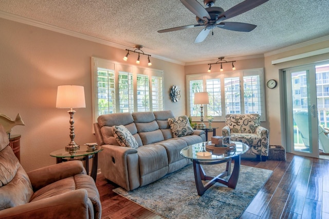 living area with ornamental molding, a textured ceiling, a ceiling fan, and hardwood / wood-style floors