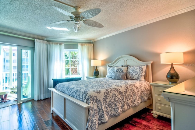 bedroom with ceiling fan, ornamental molding, dark wood-style floors, a textured ceiling, and access to outside